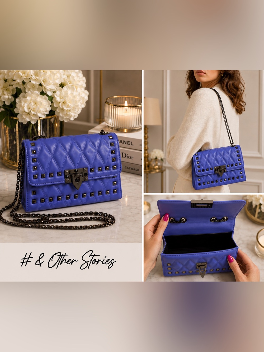 & Other Stories Quilted Studded Chain Shoulder Bag - Blue